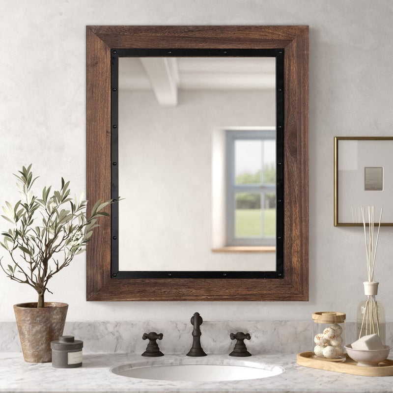 YOSHOOT Rustic Wooden Framed Wall Mirror, Natural Wood and Iron Bathroom Vanity Mirror for Farmhouse Decor, Vertical or Horizontal Hanging - Image 2