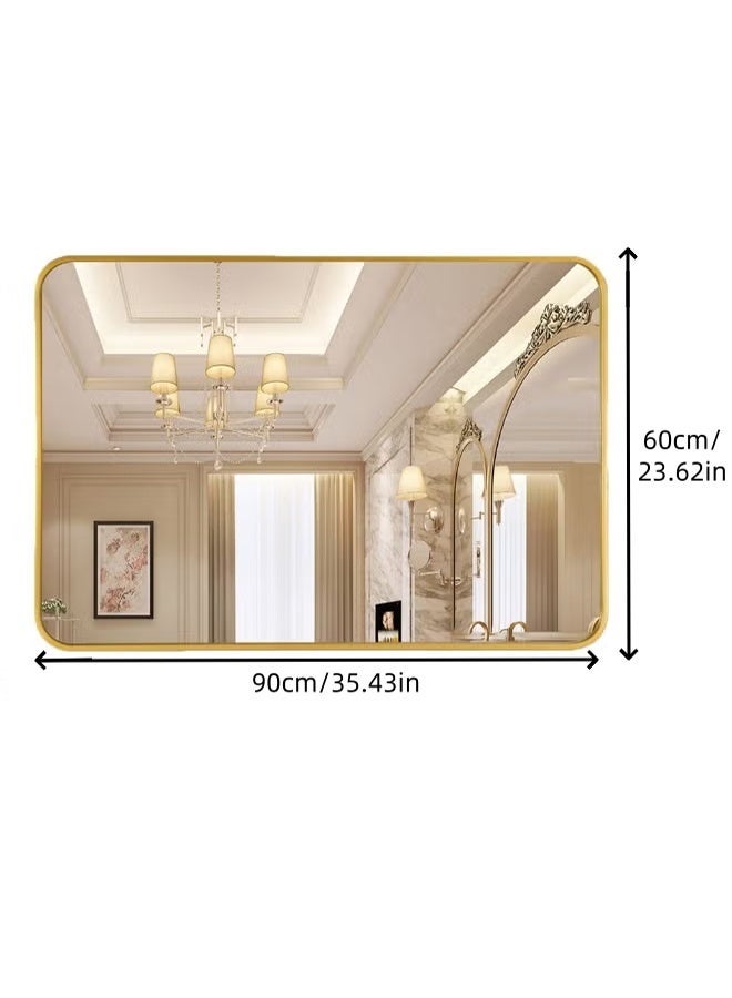 60×90CM Round Corners Bathroom Mirror, Wall Mounted Rectangle Mirror with Gold Anti-Rust Frame, Modern Wall Vanity Makeup Mirror for Bathroom, Hallway, Living Room Wall Decor (LHJ-60*90) - Image 3