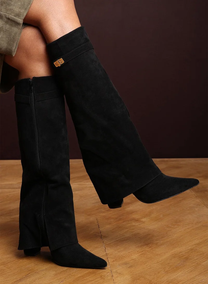 Where's That From Keira Fold Over Shark Block Heel Point Toe Boots