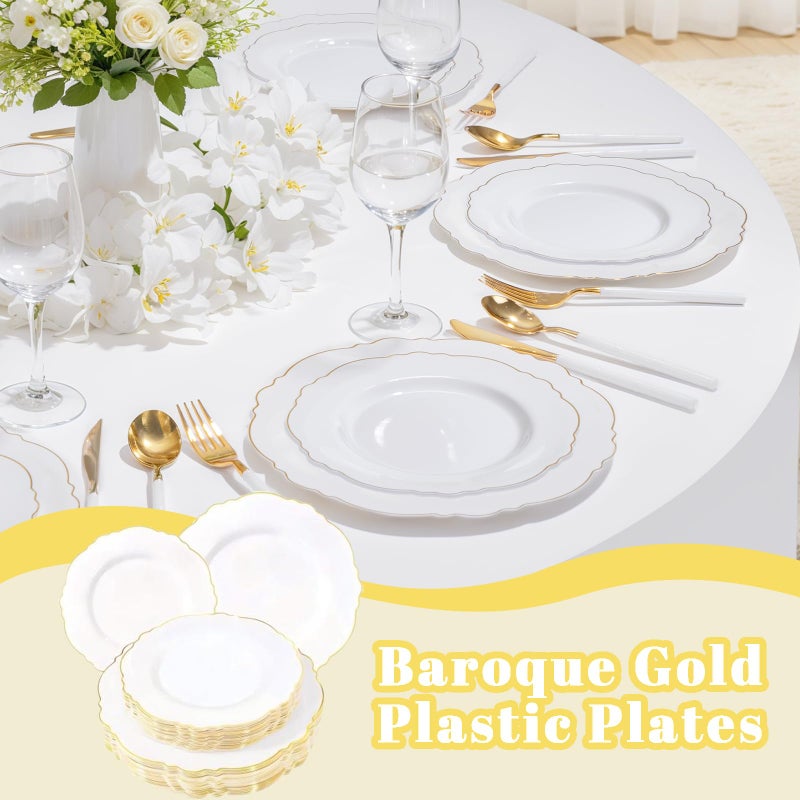 WDF أطباق بلاستيكية بيضاء وذهبية من WDF - 60 قطعة - باروك أبيض مع ذهب من 30 طبق عشاء ثقيل 10.25 بوصة و 30 طبق سلطة 7.5 بوصة - Image 3