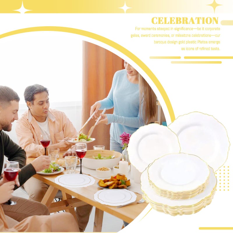 WDF أطباق بلاستيكية بيضاء وذهبية من WDF - 60 قطعة - باروك أبيض مع ذهب من 30 طبق عشاء ثقيل 10.25 بوصة و 30 طبق سلطة 7.5 بوصة - Image 4