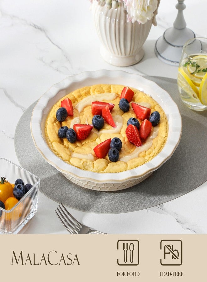 MALACASA Pie Dish for Baking, Stoneware Pie Pan 9 Inch, Embossed Deep Dish Pie Pans, 45 OZ Round Baking Dish Pie Pan, Fluted Dish Pie Plate for Apple Pie, Quiche and Tart, Set of 1, Series LYDIA - Image 3