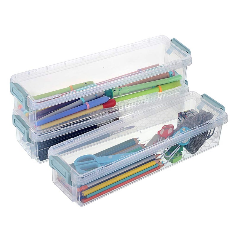 BTSKY Long Plastic Stackable Box Home, Office Supplies Storage Organizer Box Pencil Boxes Plastic Organizer Holder for Gel Pens Erasers Tape Pens Pencils Markers etc- 3 Pack - Clear with Blue Clip - Image 1