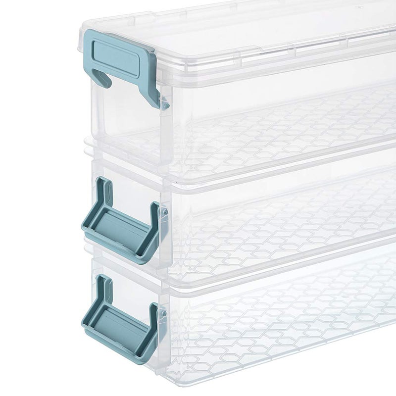 BTSKY Long Plastic Stackable Box Home, Office Supplies Storage Organizer Box Pencil Boxes Plastic Organizer Holder for Gel Pens Erasers Tape Pens Pencils Markers etc- 3 Pack - Clear with Blue Clip - Image 5