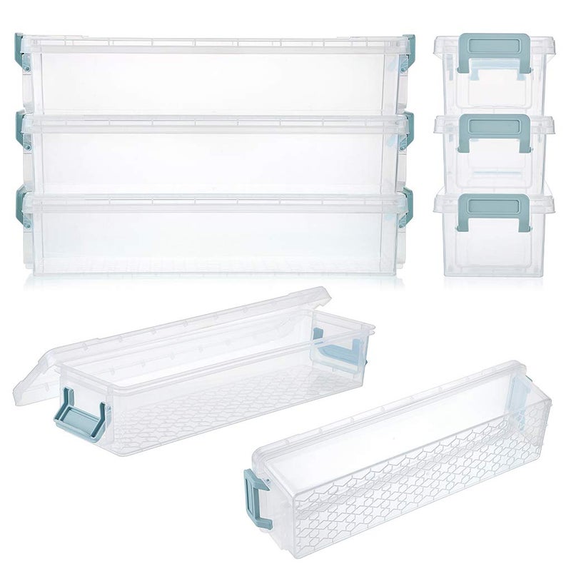BTSKY Long Plastic Stackable Box Home, Office Supplies Storage Organizer Box Pencil Boxes Plastic Organizer Holder for Gel Pens Erasers Tape Pens Pencils Markers etc- 3 Pack - Clear with Blue Clip - Image 4