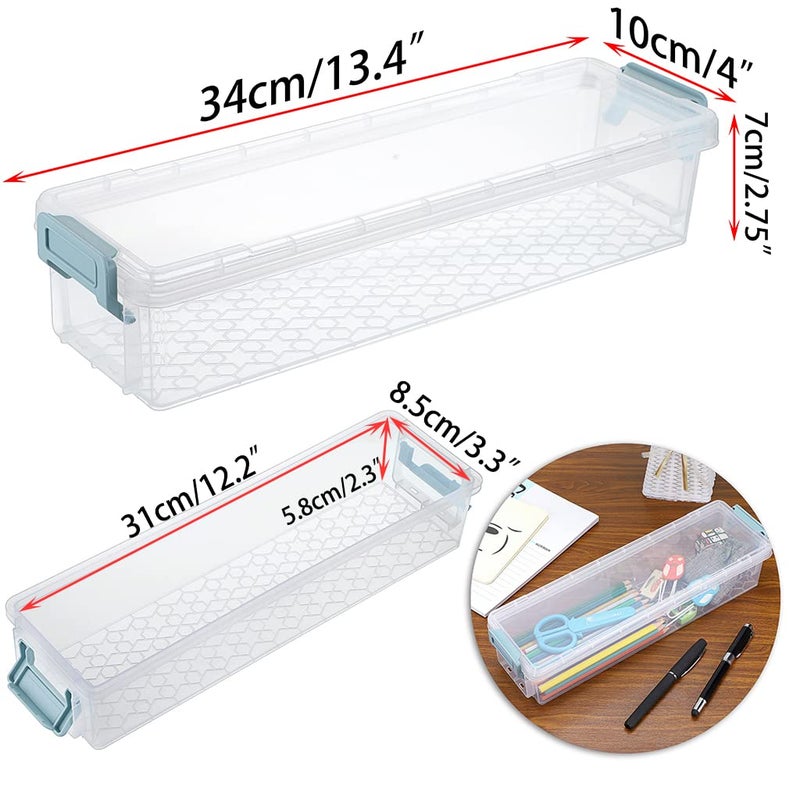 BTSKY Long Plastic Stackable Box Home, Office Supplies Storage Organizer Box Pencil Boxes Plastic Organizer Holder for Gel Pens Erasers Tape Pens Pencils Markers etc- 3 Pack - Clear with Blue Clip - Image 2