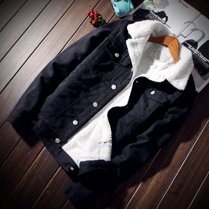Mens Winter Sherpa Denim Jacket Trendy Loose Fit B19 Black