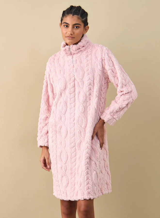 سبلاش فيڤ قميص نوم بارز الملمس بأكمام طويلة ونصف سحّاب إغلاق