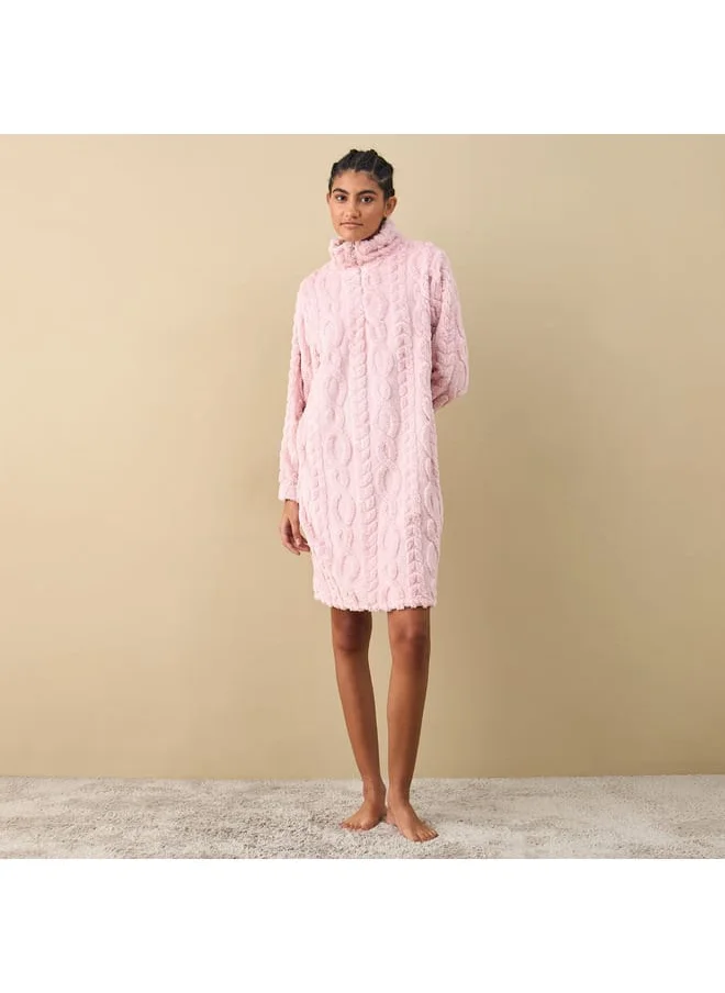 FAV Textured Long Sleeves Sleepshirt with Half Zip Closure