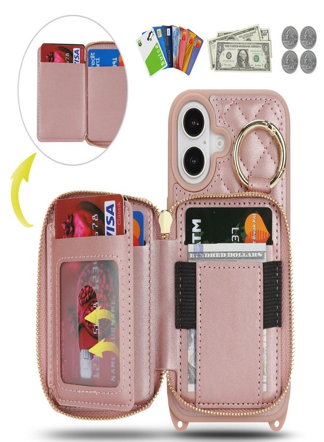 Hamany for iPhone 16 Case Wallet with Card Holder for Women,for iPhone 16 Phone case Wallet with Strap Credit Card Slots Crossbody with Kickstand Zipper Case-Rose Gold - Image 2