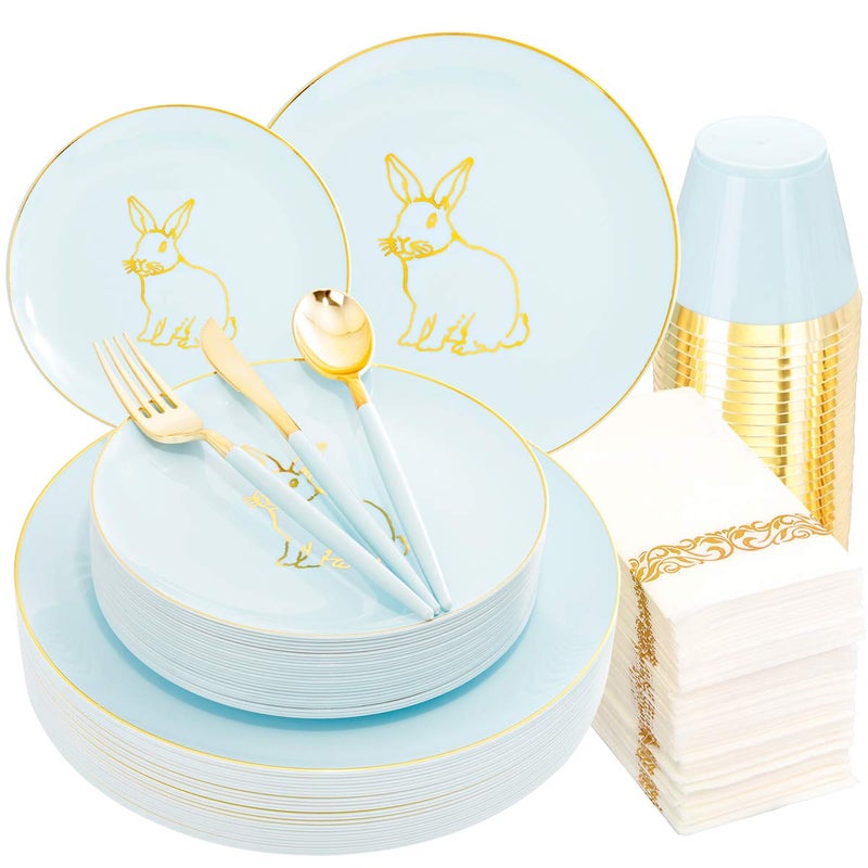 YOUBET 175PCS Mint Green Plastic Plates  Easter Disposable Plates  Blue and Gold Plate with Easter Rabbit  Gold Plastic Silverware dinnerware with Mint Handle  Cups