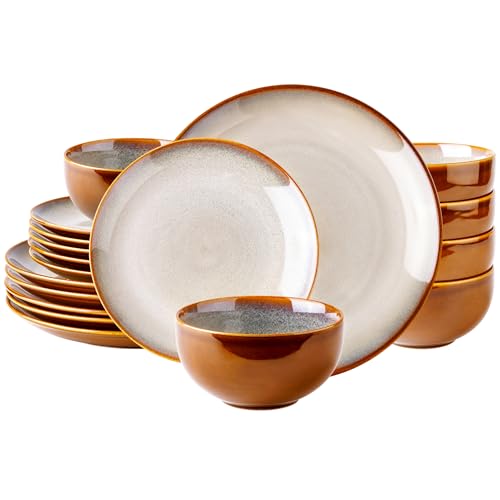 LeRatio Ceramic Dinnerware Sets for 6,18-Piece Plates and Bowls,Handmade Reactive Glaze Dishes Set,Chip Resistant and Scratch Resistant | Oven Dishwasher & Microwave Safe,Service for 6-Kahki - Image 1