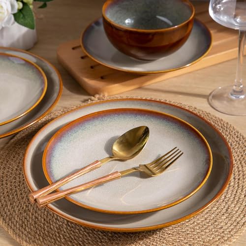 LeRatio Ceramic Dinnerware Sets for 6,18-Piece Plates and Bowls,Handmade Reactive Glaze Dishes Set,Chip Resistant and Scratch Resistant | Oven Dishwasher & Microwave Safe,Service for 6-Kahki - Image 2