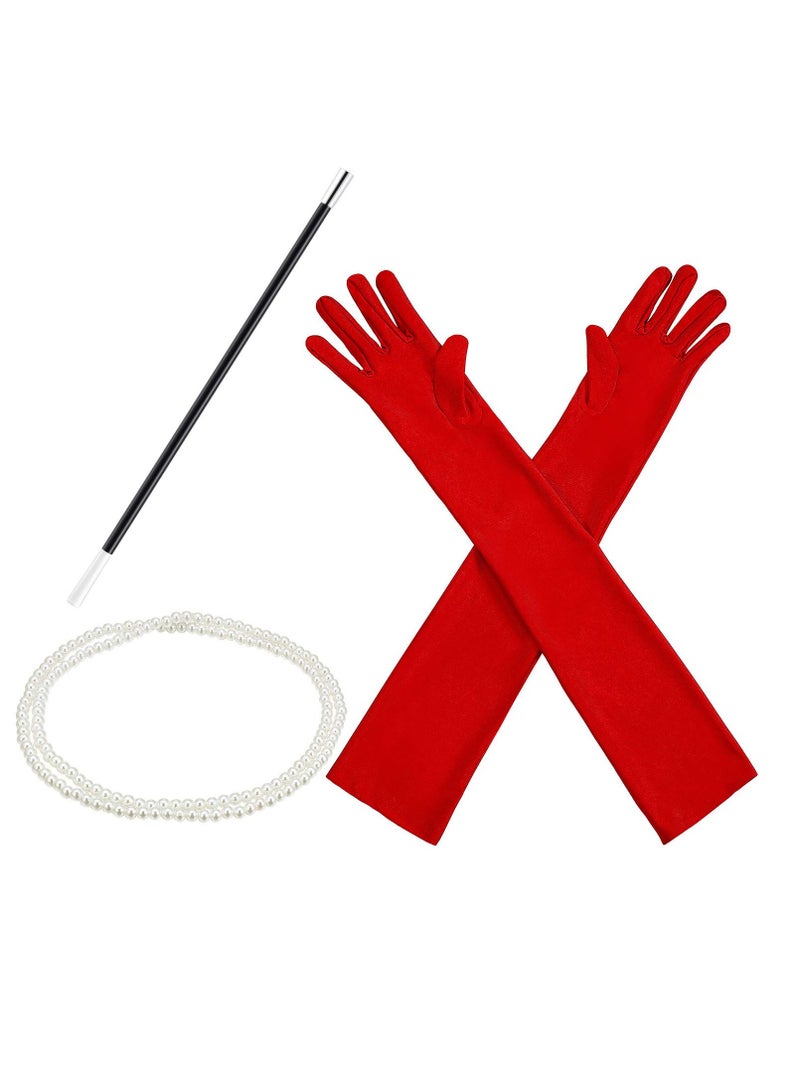 1920s Women's Costume Accessories Set: Long Satin Gloves, Elegant Pearl Necklace, and Plastic Holder for Fancy Dress and Cosplay Parties. Perfect for Vintage-Themed Events! - Image 1