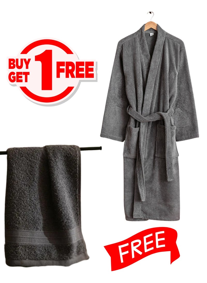 تى ام هوم عرض خاص من TM HOME – اشتري روب فندقي فاخر من القطن الطبيعي 100% بلون رمادي راقٍ واحصل على فوطة مجانية مقاس 50×100 – جودة فندقية أصلية، نعومة فاخرة وتجفيف سريع - Image 1