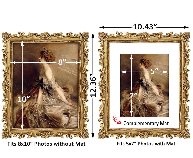 FJXMFRAME Gold 8x10 Picture Frame Vintage Antique Baroque for Wall or Tabletop Display, Ornate Gothic Victorian Frames Matted to 5x7 Photo - Image 2