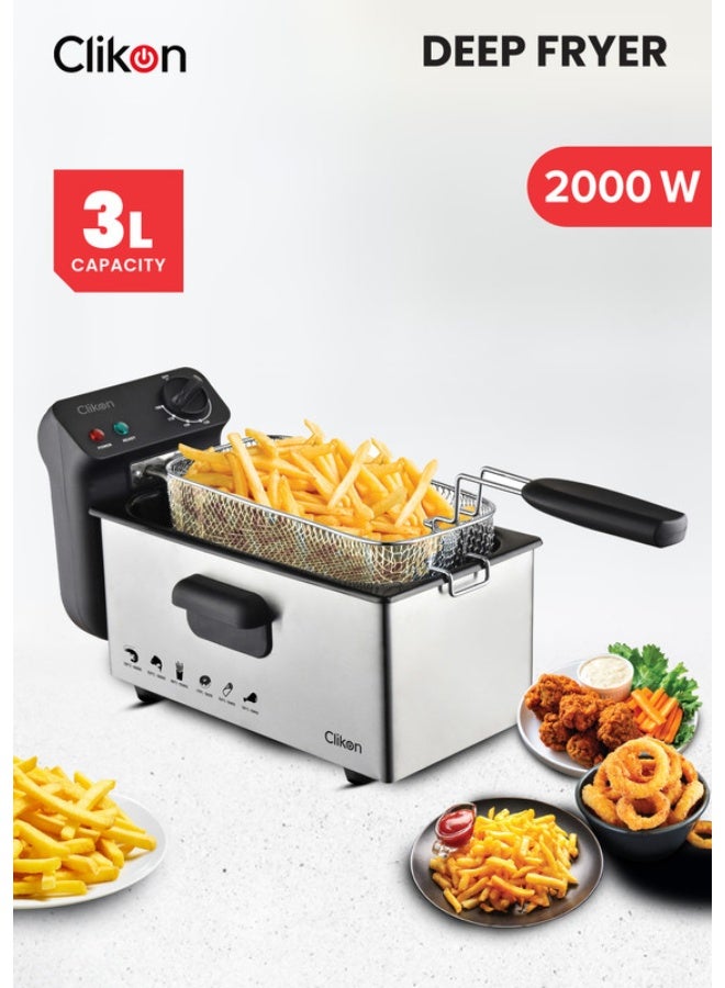 Clikon Deep Fryer with Adjustable Thermostat/Frying Basket With Handle/Removable Enamel Inner Pot /Brushed Stainless Steel Housing/Ideal For French Fries, Chicken Wings, Onion Rings, Tempura, Donuts, Fish, Chips, Snacks 3 L 2000 W CK358 Silver - Image 1