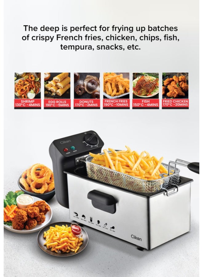 Clikon Deep Fryer with Adjustable Thermostat/Frying Basket With Handle/Removable Enamel Inner Pot /Brushed Stainless Steel Housing/Ideal For French Fries, Chicken Wings, Onion Rings, Tempura, Donuts, Fish, Chips, Snacks 3 L 2000 W CK358 Silver - Image 5