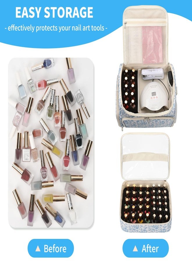 CUBETASTIC Extra Large Nail Polish Organizer Case Holds 86 to 100+ Bottles Nail Polish & Nail Lamp, Nail Supplies Storage Carrying Bag with 2 Removable Pouches (Blue Floral, 86 Slots) - Image 2