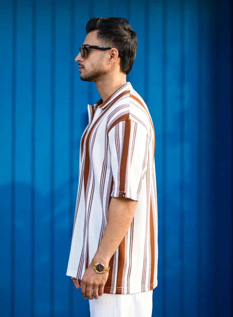 Maniac Maniac Mens Vertical Stripe Polo Neck 3/4th Sleeve Half Zipper Brown Cottonblend T-Shirt