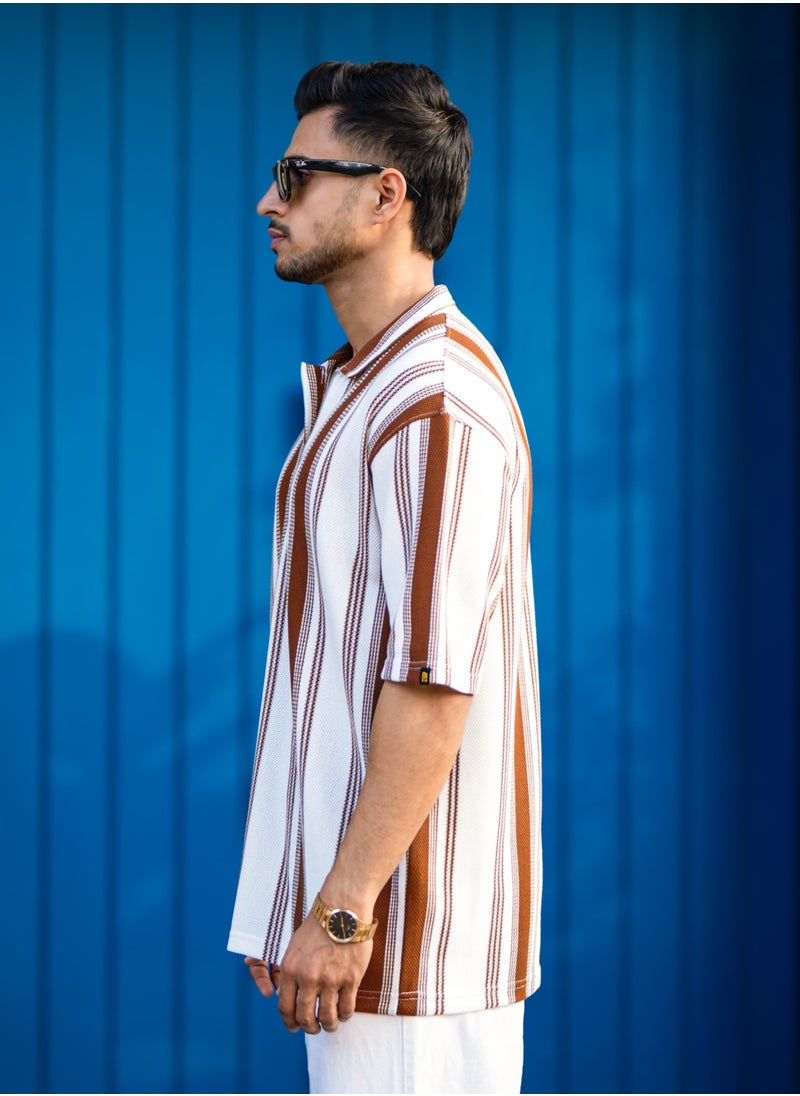Maniac Maniac Mens Vertical Stripe Polo Neck 3/4th Sleeve Half Zipper Brown Cottonblend T-Shirt  - Image 3