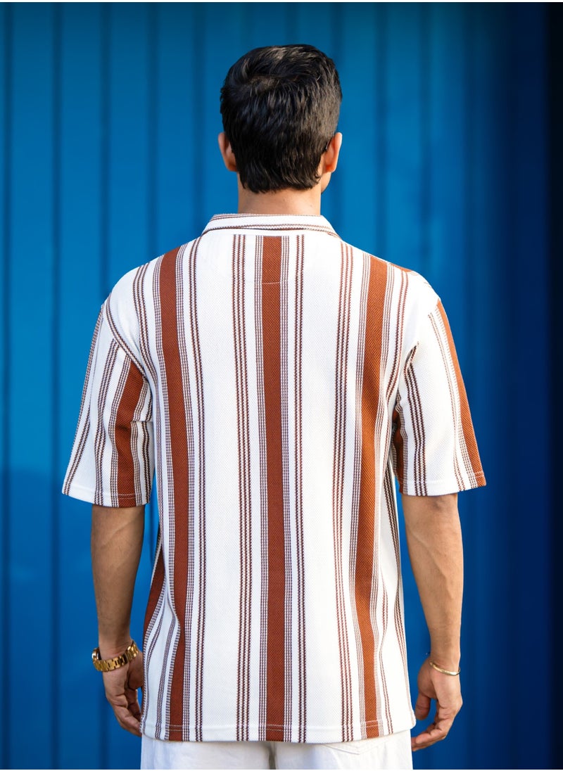 Maniac Maniac Mens Vertical Stripe Polo Neck 3/4th Sleeve Half Zipper Brown Cottonblend T-Shirt  - Image 2