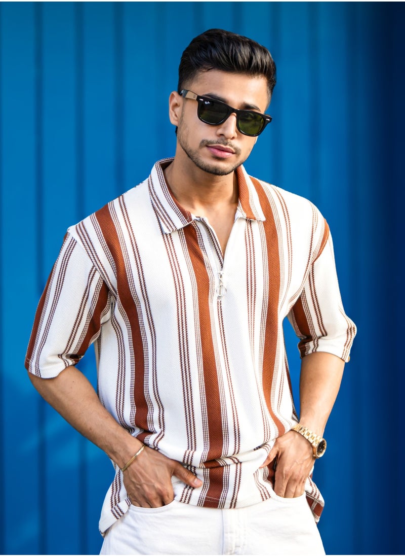 Maniac Maniac Mens Vertical Stripe Polo Neck 3/4th Sleeve Half Zipper Brown Cottonblend T-Shirt  - Image 1