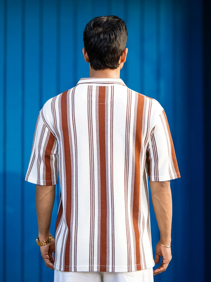 Maniac Maniac Mens Vertical Stripe Polo Neck 3/4th Sleeve Half Zipper Brown Cottonblend T-Shirt