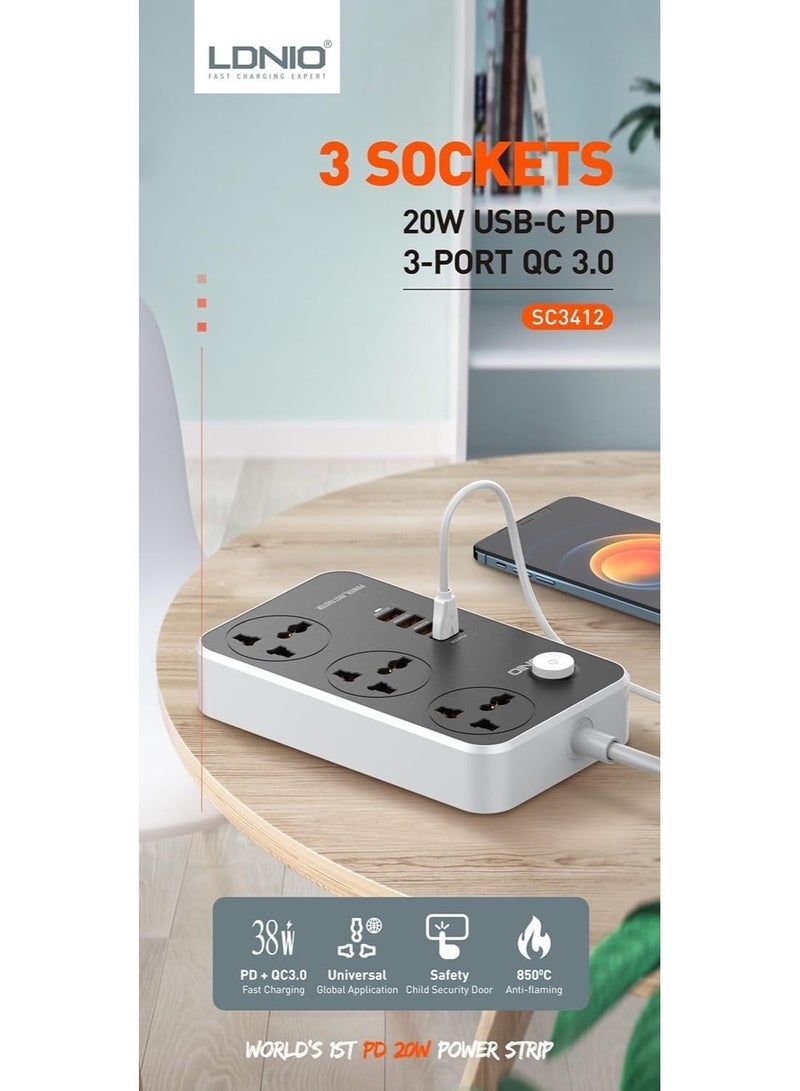LDNIOi LDNIO "Safe Home" Smart Power Strip – Ultimate Power & Safety with 3 Sockets, 20W USB-C PD, and QC3.0 Fast Charging. - Image 4