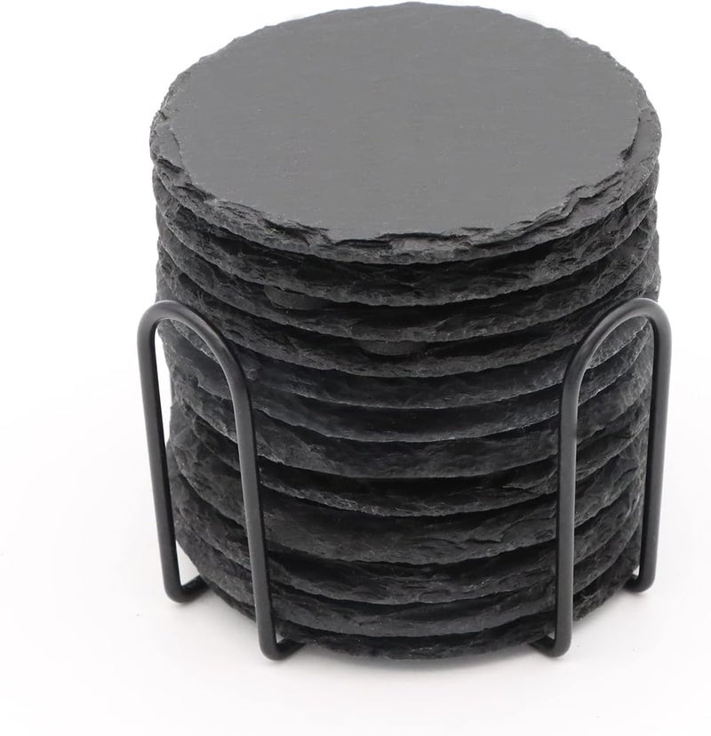 SIJDIEE 12 PCS Round Slate Drink Coasters Set, 4 Inch Laser Engraving Black Slate Stone Coasters with Anti-Scratch Bottom and Coaster Holder for Office Bar Kitchen Home Dinner Table Decor Supplies - Image 1