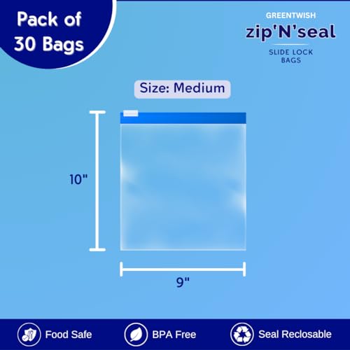 GREENTWISH Zip 'N' Seal (Pack of 30) Slider Zip Lock Bags, Ziplock Bag for Food Storage, Freezer/Microwave Safe, BPA Free Reusable LDPE Transparent Zipper Bag | Size: 9 x 10 Inch (Medium) - Image 2