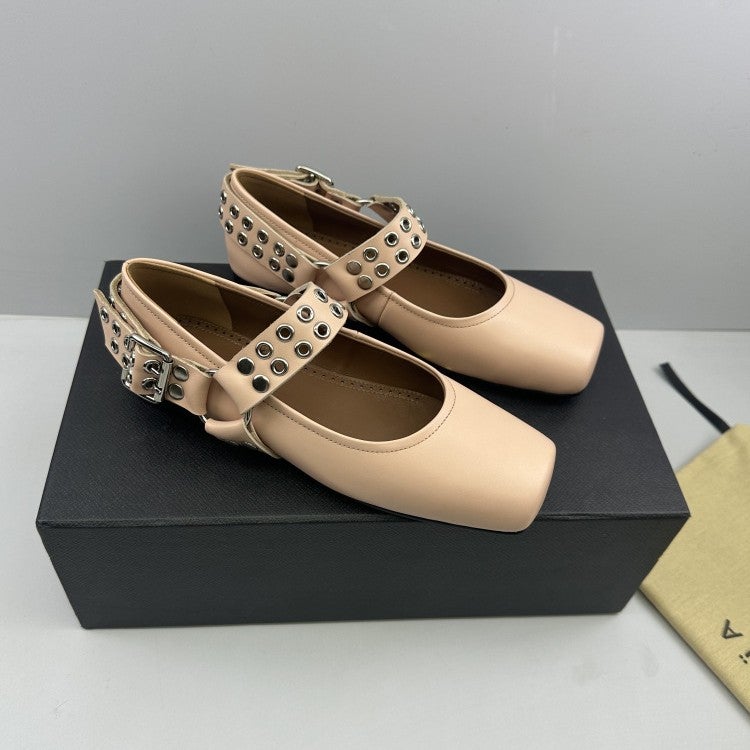 High Aia * 25 New Fashionable Square Head Metal Belt Buckle Mary Jane Shoes Leather Flat Ballet Shoes - Image 2