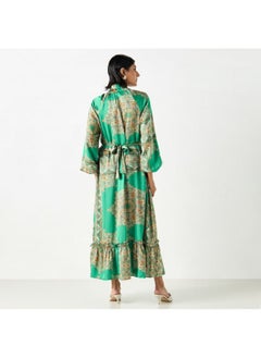 2Xtremz 2Xtremz All-Over Printed Maxi A-line Belted Dress with Neck Tie-Ups  - Image 1