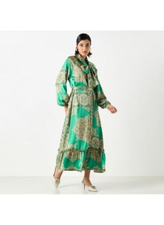 2Xtremz 2Xtremz All-Over Printed Maxi A-line Belted Dress with Neck Tie-Ups  - Image 2