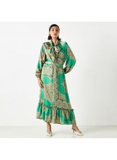 2Xtremz 2Xtremz All-Over Printed Maxi A-line Belted Dress with Neck Tie-Ups  - Image 3