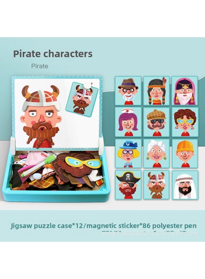 Magnetic Wooden Puzzle Early Education Toy Intelligence Development Children's Puzzle Figure Face-changing Play-in-Home Change Magnetic Sticker-Color:Pirate Characters - Image 1