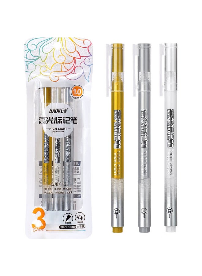 BAOKE [Back To School Essential] Baoke (Baoke) 3Pc3538 Highlighter 1.0Mm Gel Pen Marker Pen Journaling Pen Water-Based Pen Signing Pen, Gold And Silver White 3-Pack - Image 1