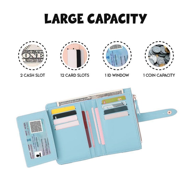 Elios Women's Wallet Vegan Leather Bifold Small Card Holder Coin Holder Compact Ladies Purse with 12 Card Slots, Zipper Pocket and RFID Blocking | Snap Closure | Mini Purse for Women (Light Blue) - Image 3