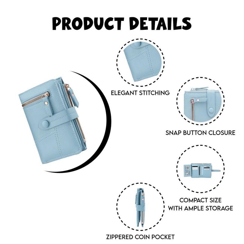 Elios Women's Wallet Vegan Leather Bifold Small Card Holder Coin Holder Compact Ladies Purse with 12 Card Slots, Zipper Pocket and RFID Blocking | Snap Closure | Mini Purse for Women (Light Blue) - Image 4