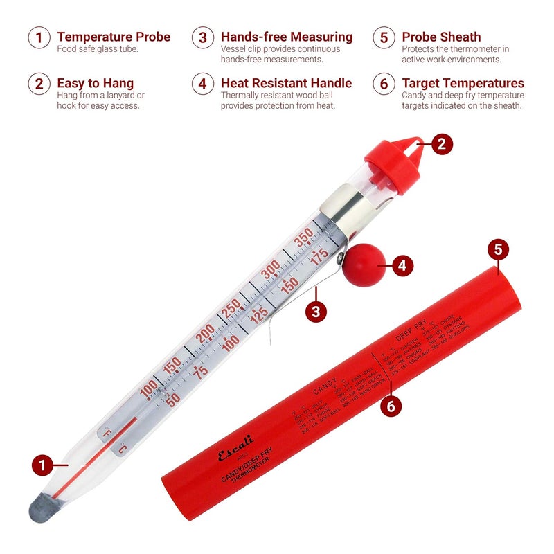 Escali AHC3 NSF Certified Precision Classic Candy/Deep Fry/Confection Glass Thermometer, Red/Clear - Image 2