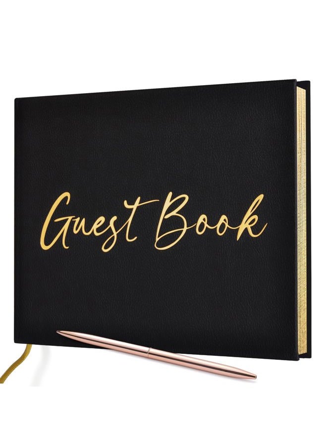 JUBTIC Black Guest Book for Funeral, Guest Sign in Book for Reception,Wedding,Baby Shower, Birthday, Bridal Shower, Graduation Party,100 Pages with Gilded Edges and Gold Foiled Cover - 7x10″ - Image 1