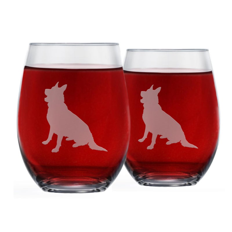 German Shepherd Stemless Wine Glasses Set of 2  Unique Gift for Dog Lovers  Hand Etched with Breed Name on Bottom