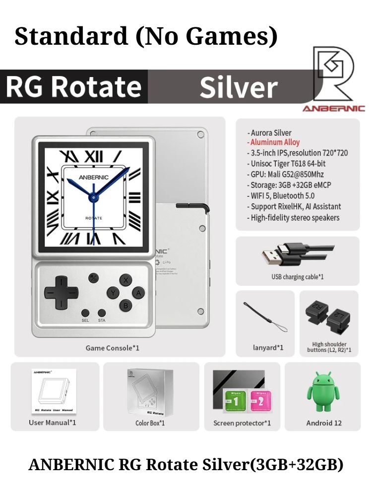 Anbernic RG Rotate Handheld Gaming Console 3.5 inch IPS Rotating Screen Android Aluminum Alloy, 3gb+32gb, Silver - Image 1