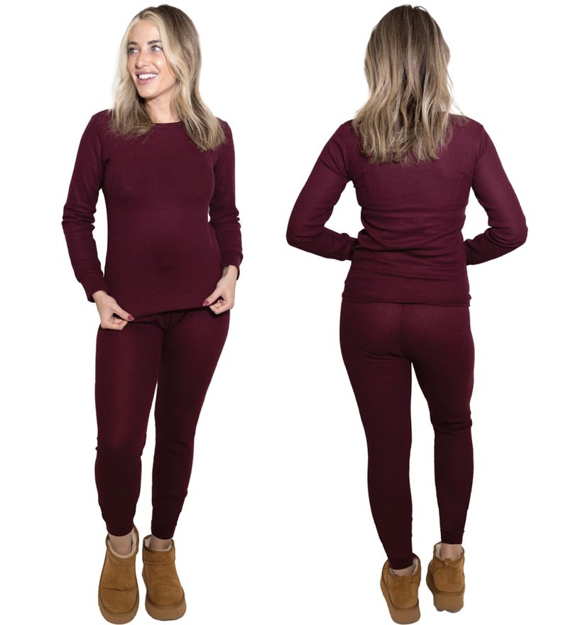 MISS POPULAR Womens 2-Piece Waffle Thermals Set | Long Sleeve Shirt, Pants | Long Johns Waffle Thermal Underwear Base Layer Set for Cold Weather (Maroon, Small) - Image 1