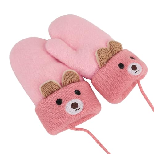 Holiberty Toddler Baby Knitted Winter Gloves Cable Mittens Cute Cartoon Bear Kids Boys Girls Thermal Thick Fleece Lined Gloves Wool Warm Knit Snow Ski Cold Weather Gloves Children with String Age 0-3Y - Image 5