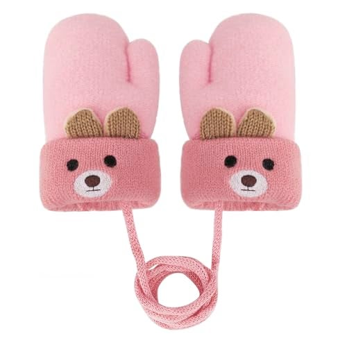 Holiberty Toddler Baby Knitted Winter Gloves Cable Mittens Cute Cartoon Bear Kids Boys Girls Thermal Thick Fleece Lined Gloves Wool Warm Knit Snow Ski Cold Weather Gloves Children with String Age 0-3Y - Image 1