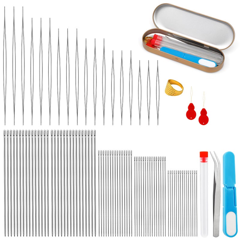 100 Pcs Beading Needles Set75 Pcs Long Straight Beading Thread Needles 18 Pcs Big Eye Beading Needles with Threader Needle Bottle Yarn ScissorsTweezers for Bracelets and Jewelry Making