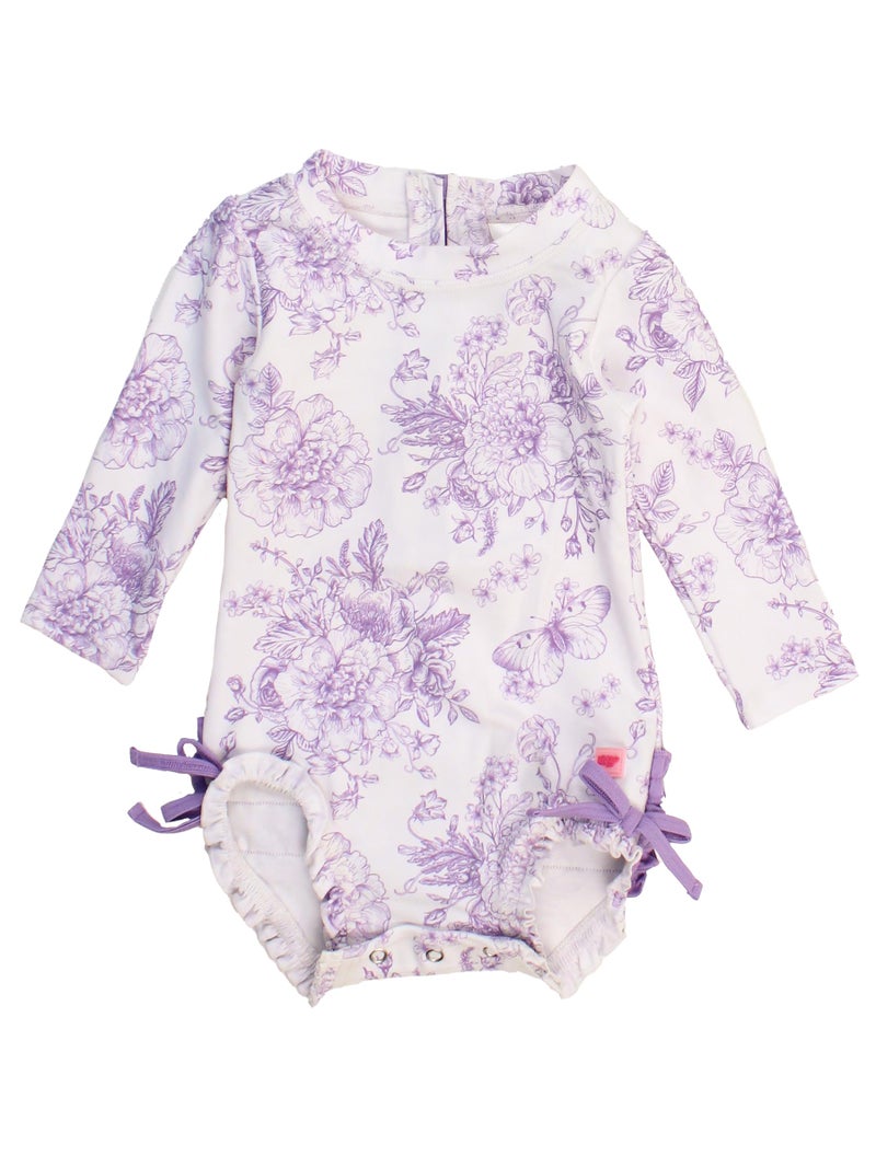 RuffleButts Baby Girls UPF 50+ Sun Protection Floral Printed Long Sleeve One Piece Rash Guard Swimsuit with Zipper - Wisteria Purple Butterfly Garden Toile, 2T - Image 1