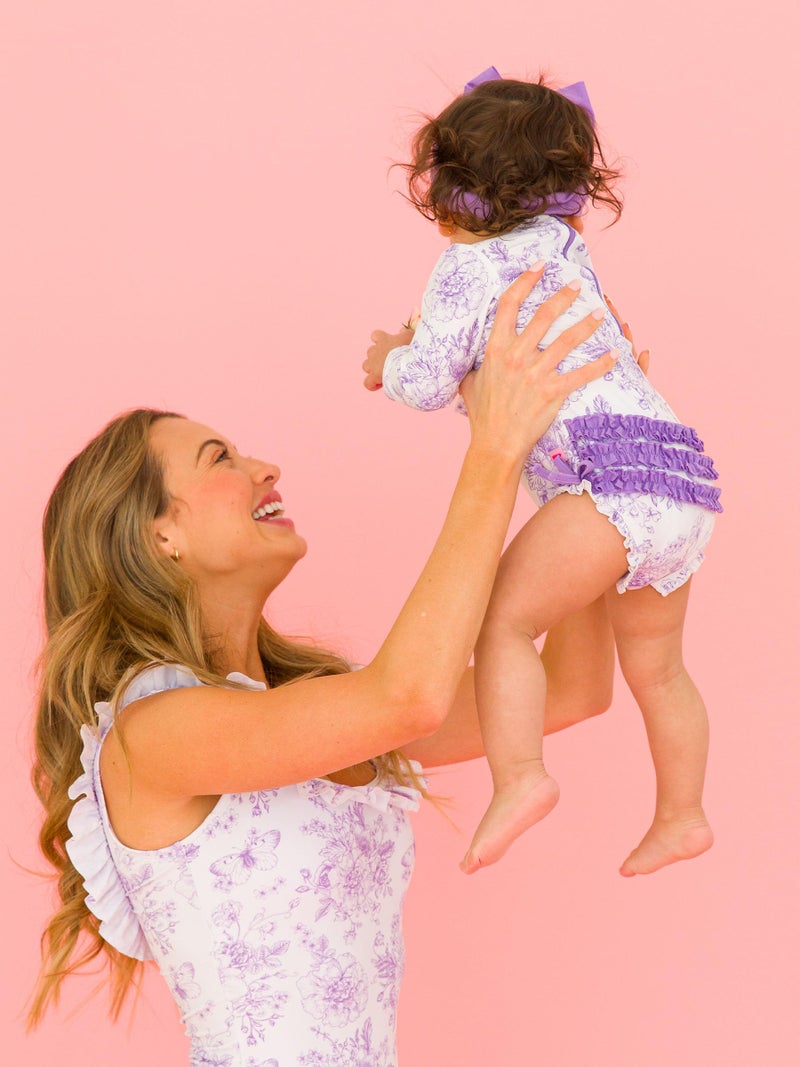 RuffleButts Baby Girls UPF 50+ Sun Protection Floral Printed Long Sleeve One Piece Rash Guard Swimsuit with Zipper - Wisteria Purple Butterfly Garden Toile, 2T - Image 5