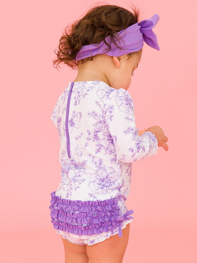 RuffleButts Baby Girls UPF 50+ Sun Protection Floral Printed Long Sleeve One Piece Rash Guard Swimsuit with Zipper - Wisteria Purple Butterfly Garden Toile, 2T - Image 3
